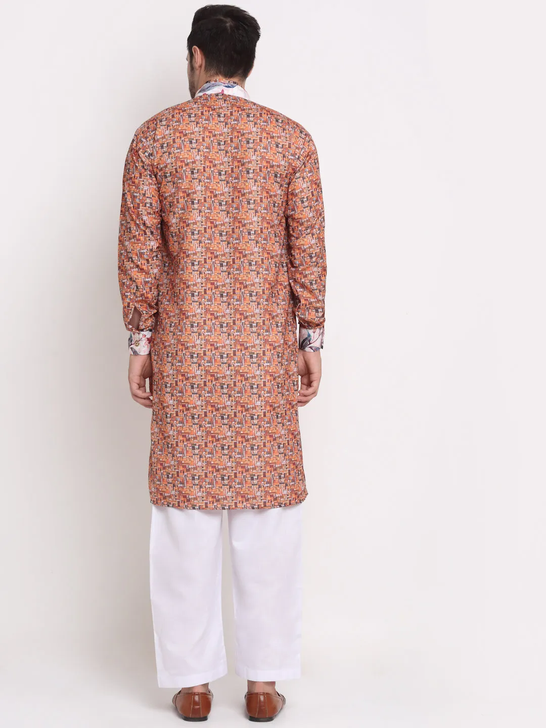 Men's Orange & Multi Printed Kurta With White Pyjamas Set - Benstoke