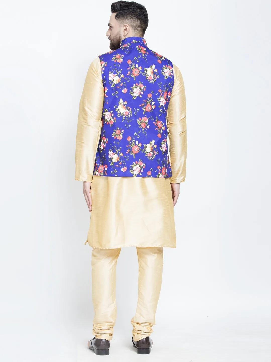 Men's Silk Blend Gold Kurta With Pyjama & Royal Blue Printed Nehru Jacket - Benstoke