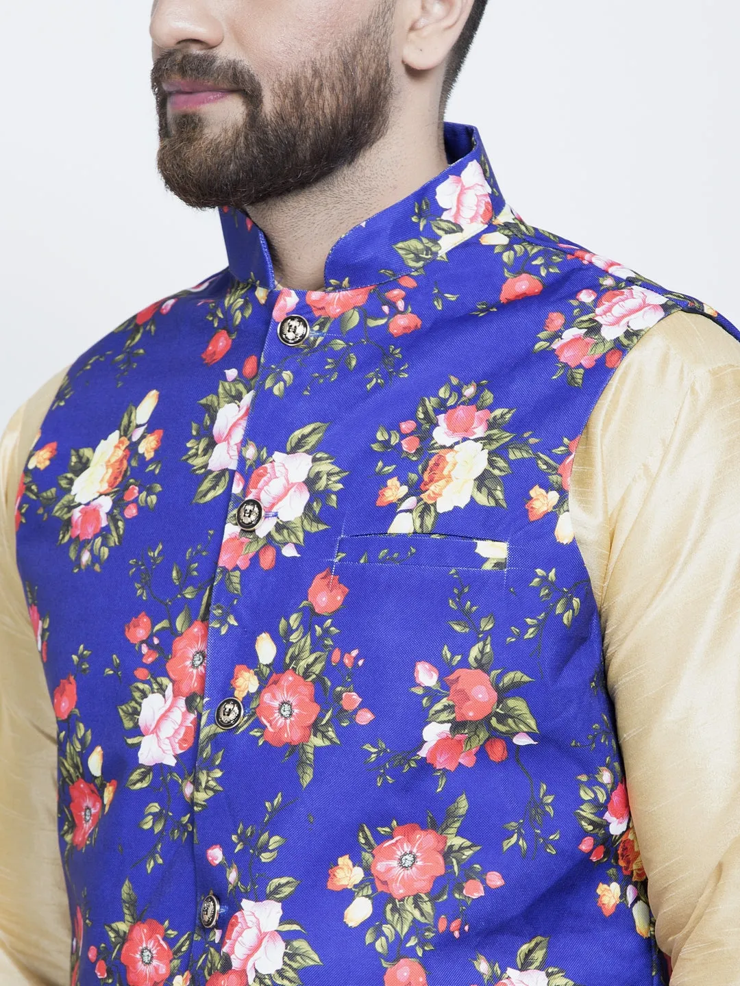 Men's Silk Blend Gold Kurta With Pyjama & Royal Blue Printed Nehru Jacket - Benstoke