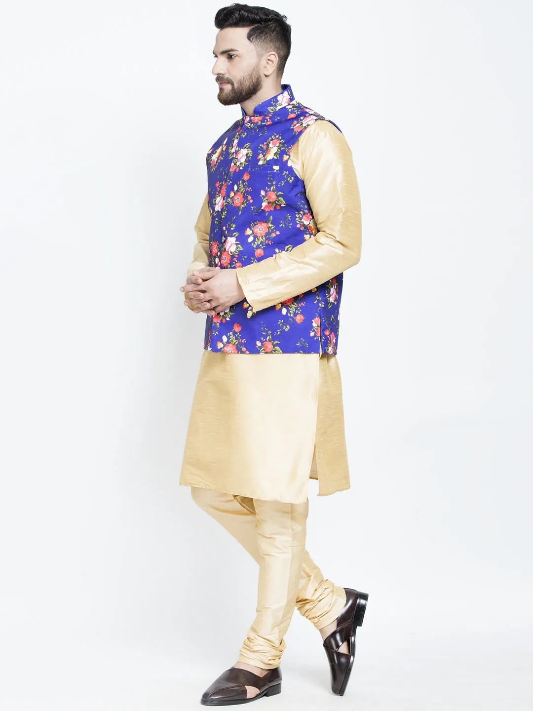 Men's Silk Blend Gold Kurta With Pyjama & Royal Blue Printed Nehru Jacket - Benstoke