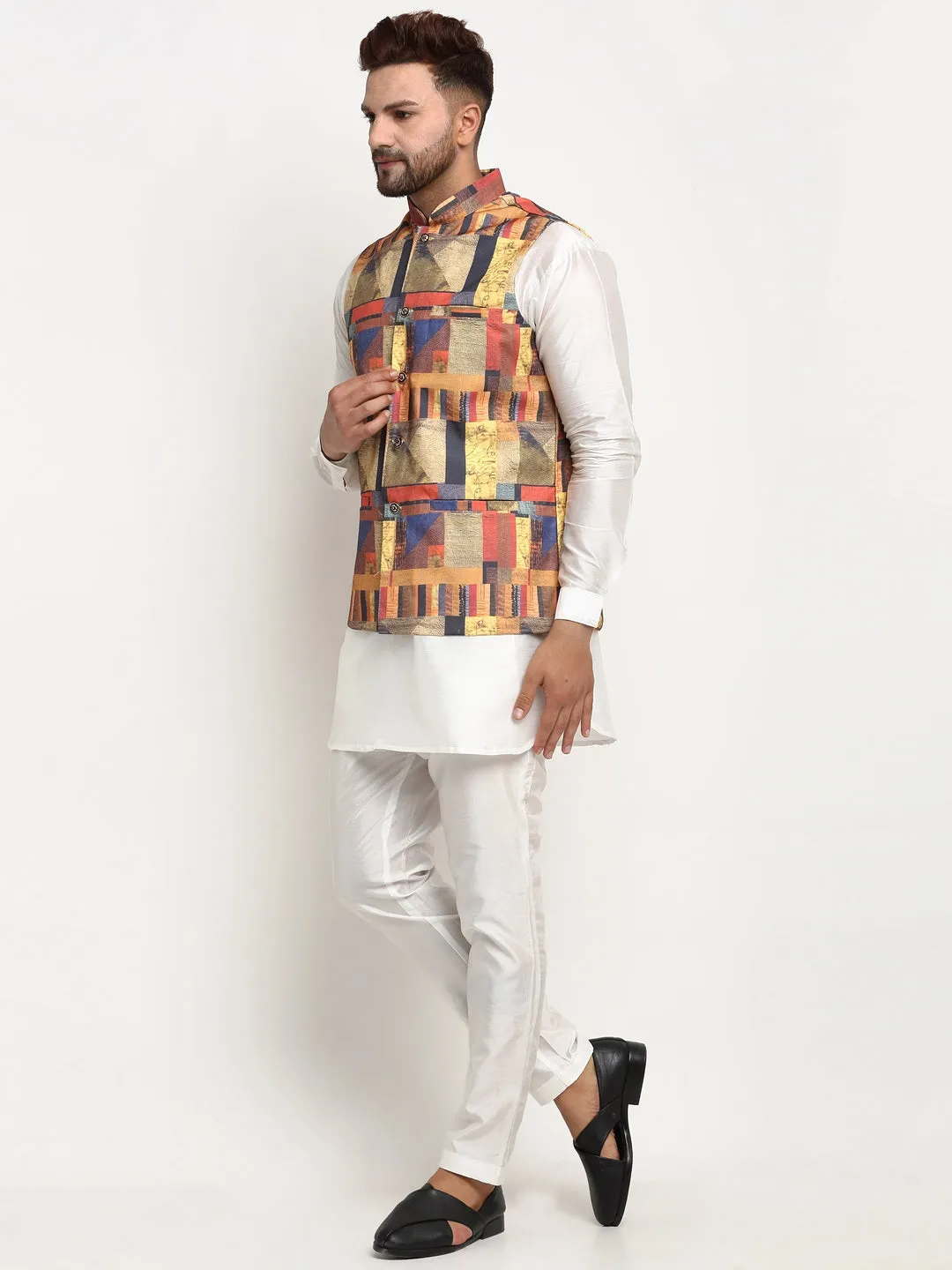 Men's Silk Blend White Kurta With Pyjama & Multicolor Printed Nehru Jacket - Benstoke