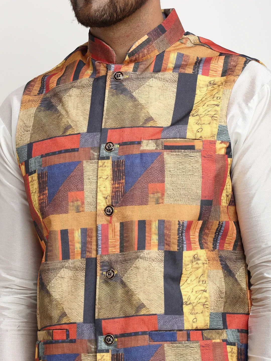 Men's Silk Blend White Kurta With Pyjama & Multicolor Printed Nehru Jacket - Benstoke