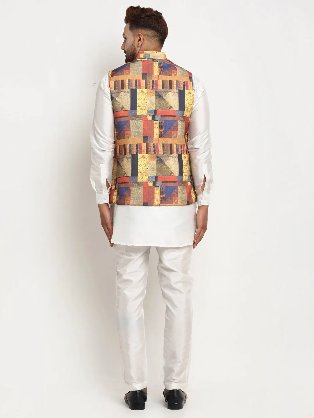 Men's Silk Blend White Kurta With Pyjama & Multicolor Printed Nehru Jacket - Benstoke