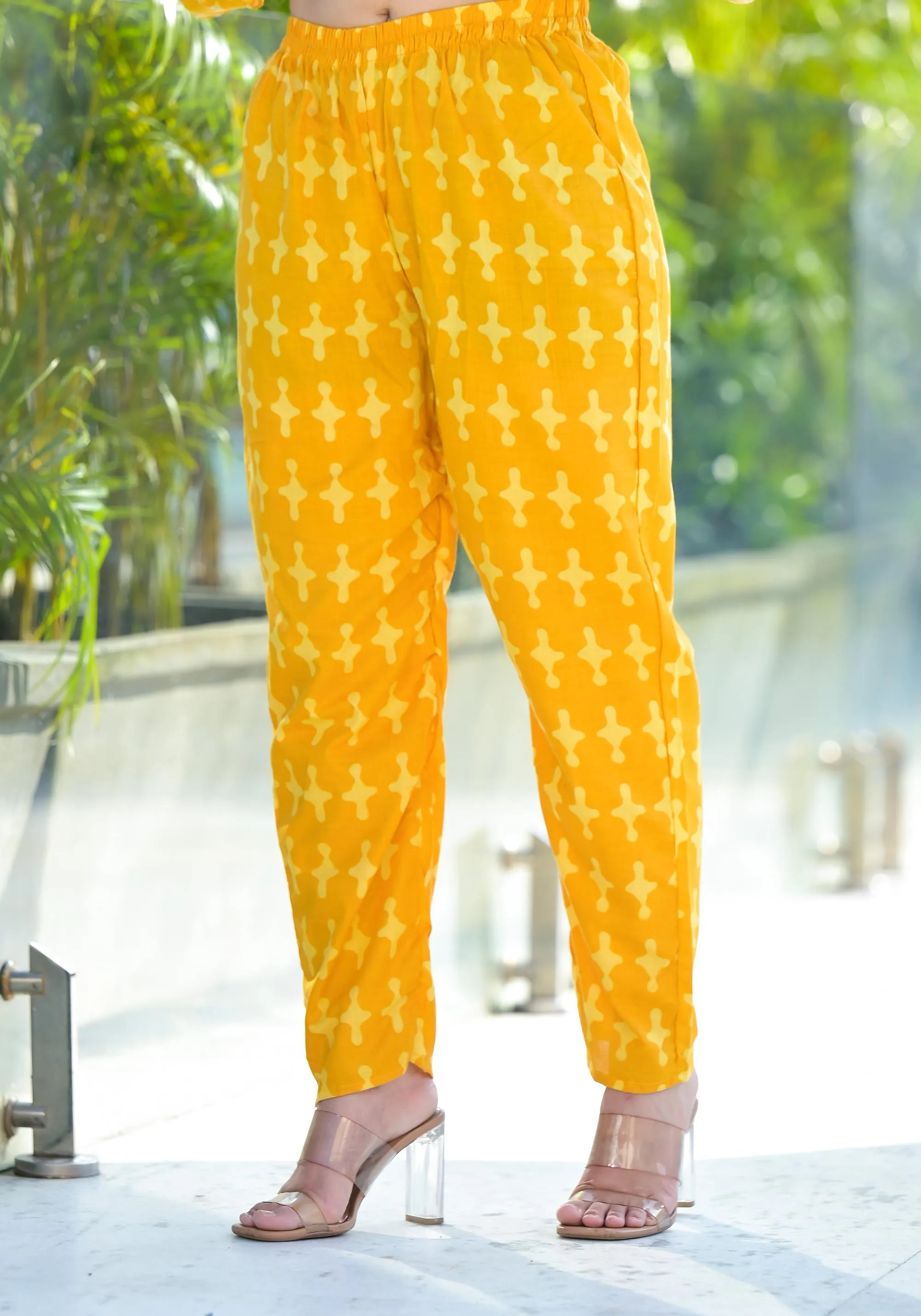 Mustard Floral Printed Cotton Kurta Pant And Dupatta Set With Thread Work & Sequins
