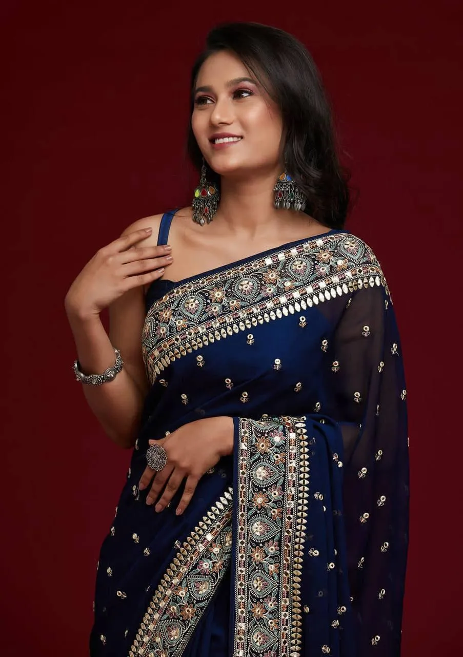 Navy Blue Floral Georgette Silk  Saree