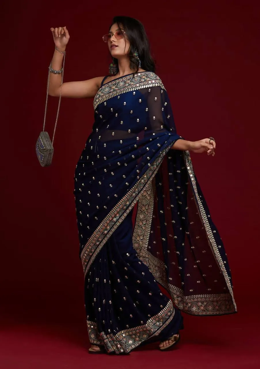 Navy Blue Floral Georgette Silk  Saree