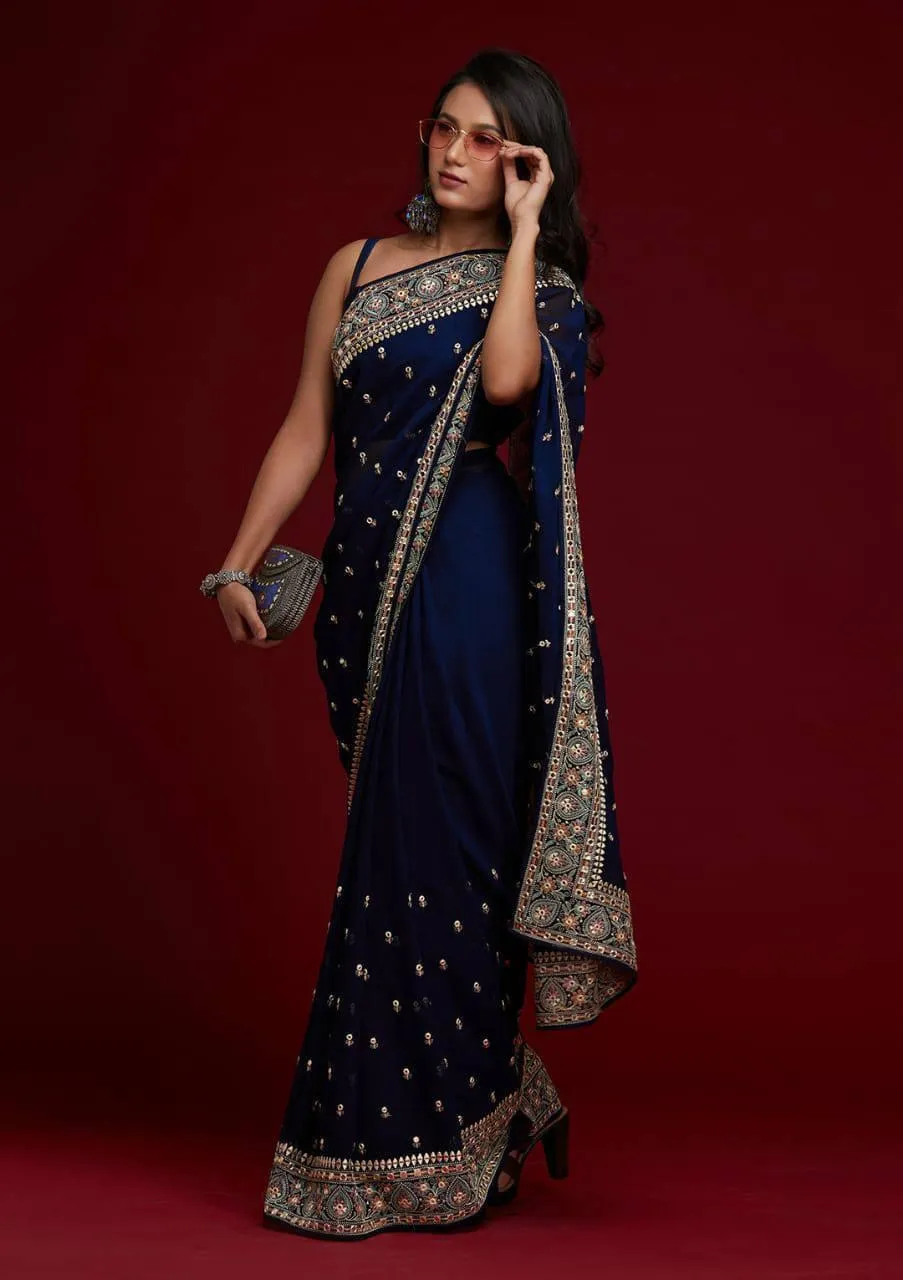 Navy Blue Floral Georgette Silk  Saree