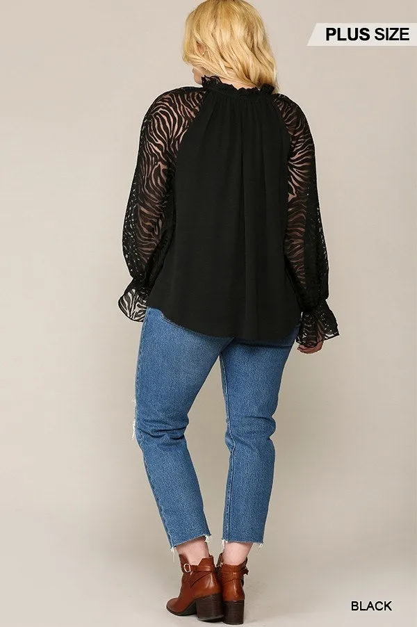 NicholesGifts Plus Size Women Zebra Burnout Sleeve Ruffled Neck Bubble Crepe Blouse
