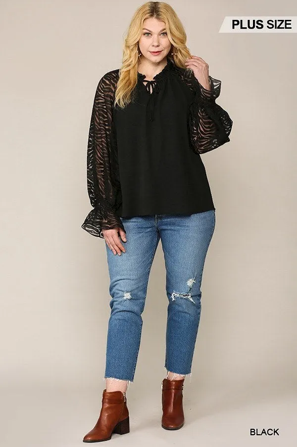 NicholesGifts Plus Size Women Zebra Burnout Sleeve Ruffled Neck Bubble Crepe Blouse
