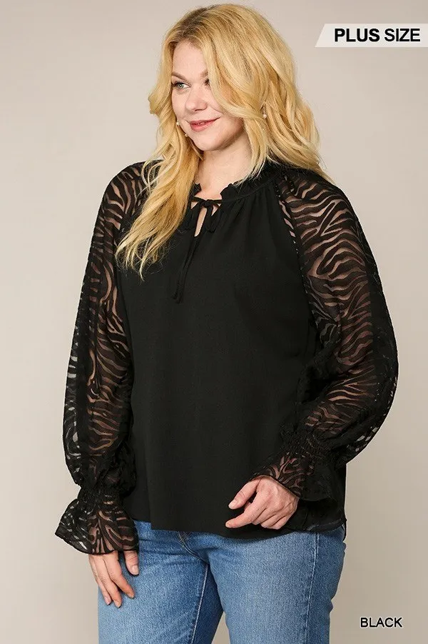 NicholesGifts Plus Size Women Zebra Burnout Sleeve Ruffled Neck Bubble Crepe Blouse