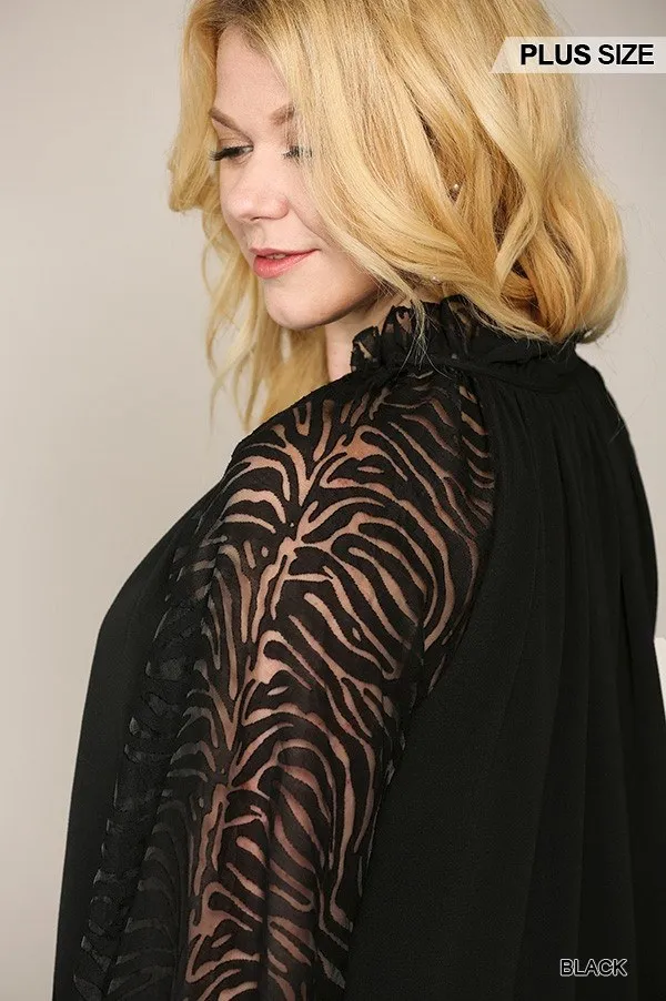 NicholesGifts Plus Size Women Zebra Burnout Sleeve Ruffled Neck Bubble Crepe Blouse