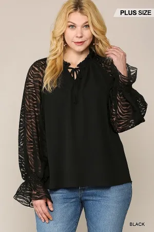 NicholesGifts Plus Size Women Zebra Burnout Sleeve Ruffled Neck Bubble Crepe Blouse