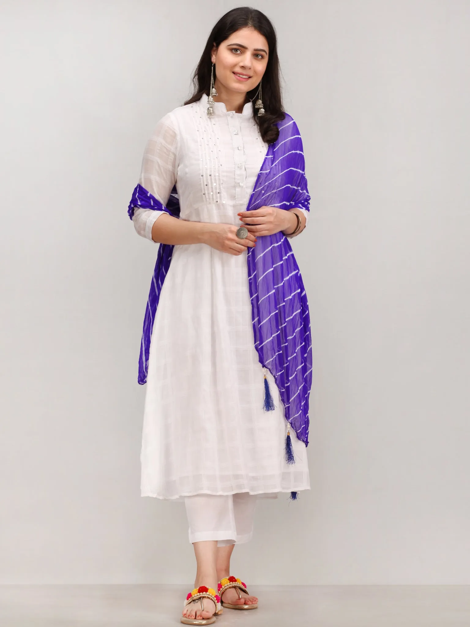 Noor Bilquis - Self Work ALine Kurta Pant Set With Leheriya Dupatta - KS117AXXD7