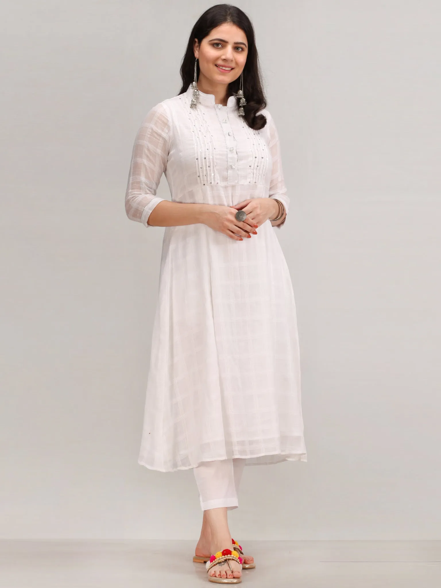Noor Chand - Self Work ALine Kurta Pant Set With Leheriya Dupatta - KS117AXXD5