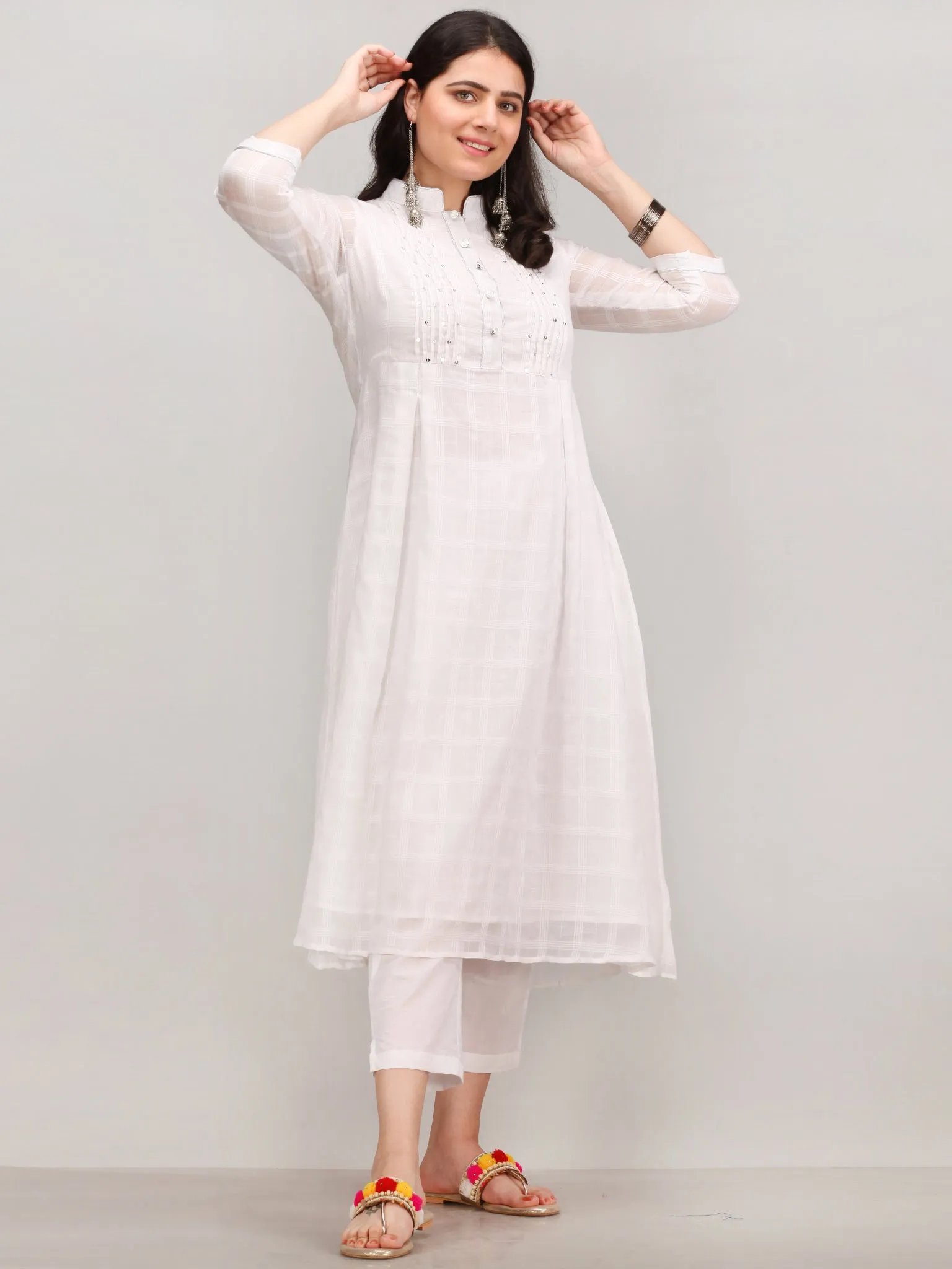 Noor Chand - Self Work ALine Kurta Pant Set With Leheriya Dupatta - KS117AXXD5