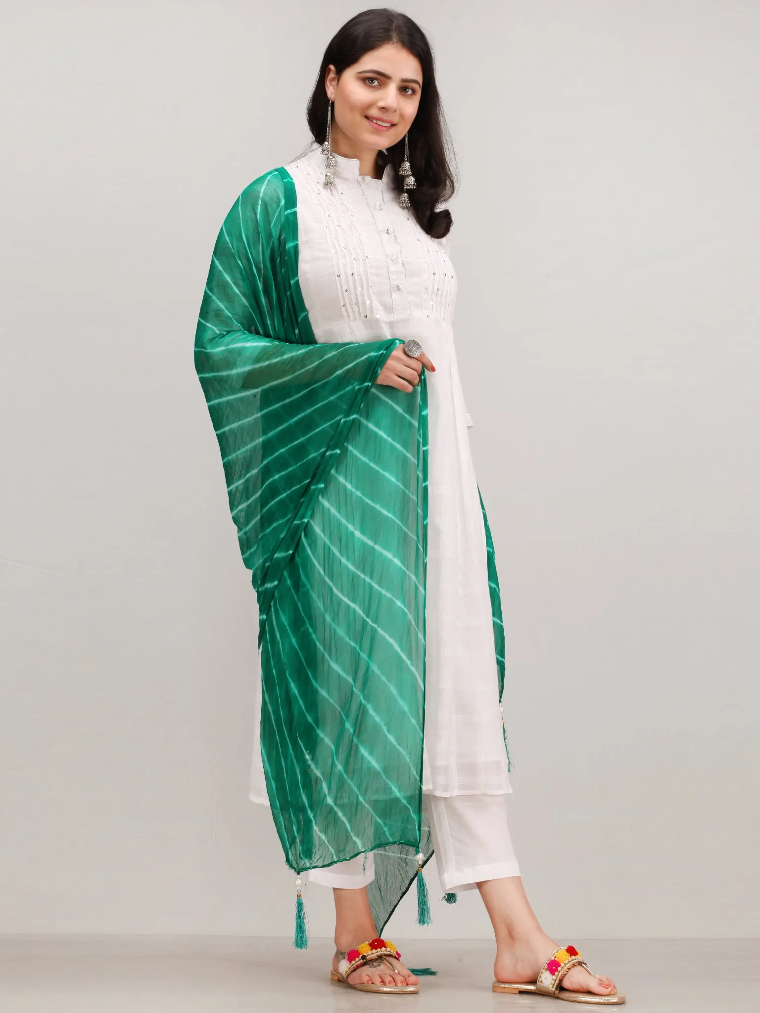 Noor Chand - Self Work ALine Kurta Pant Set With Leheriya Dupatta - KS117AXXD5