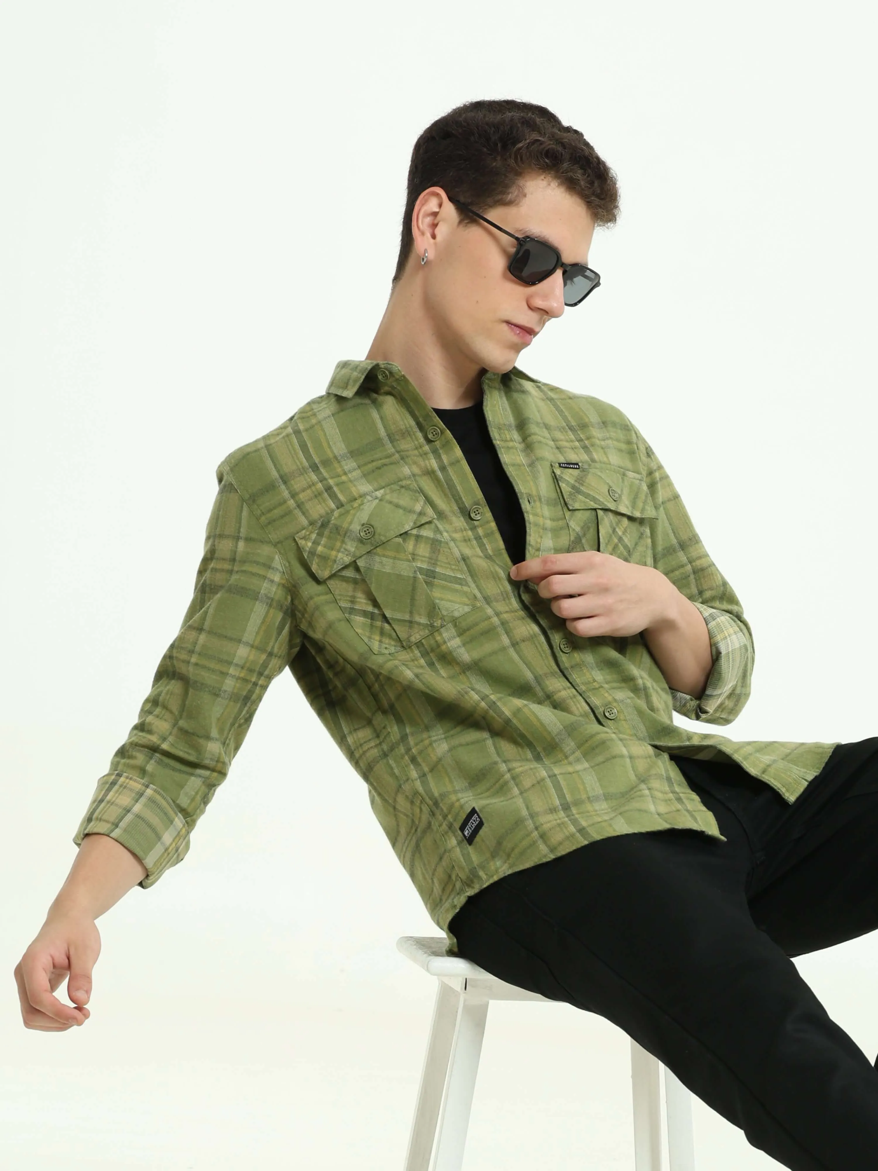 Olive Green Double Pocket Checks Shirt