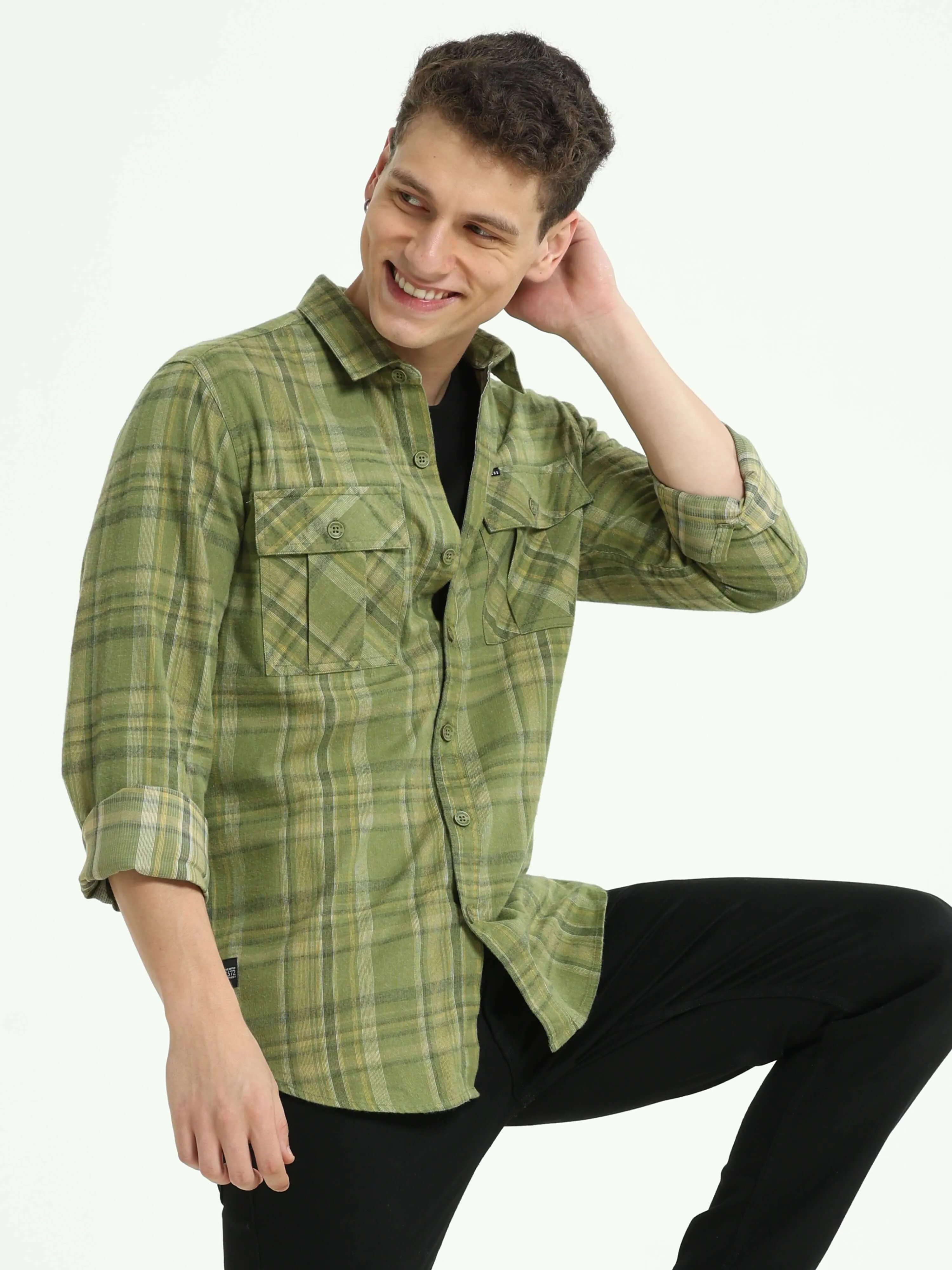 Olive Green Double Pocket Checks Shirt