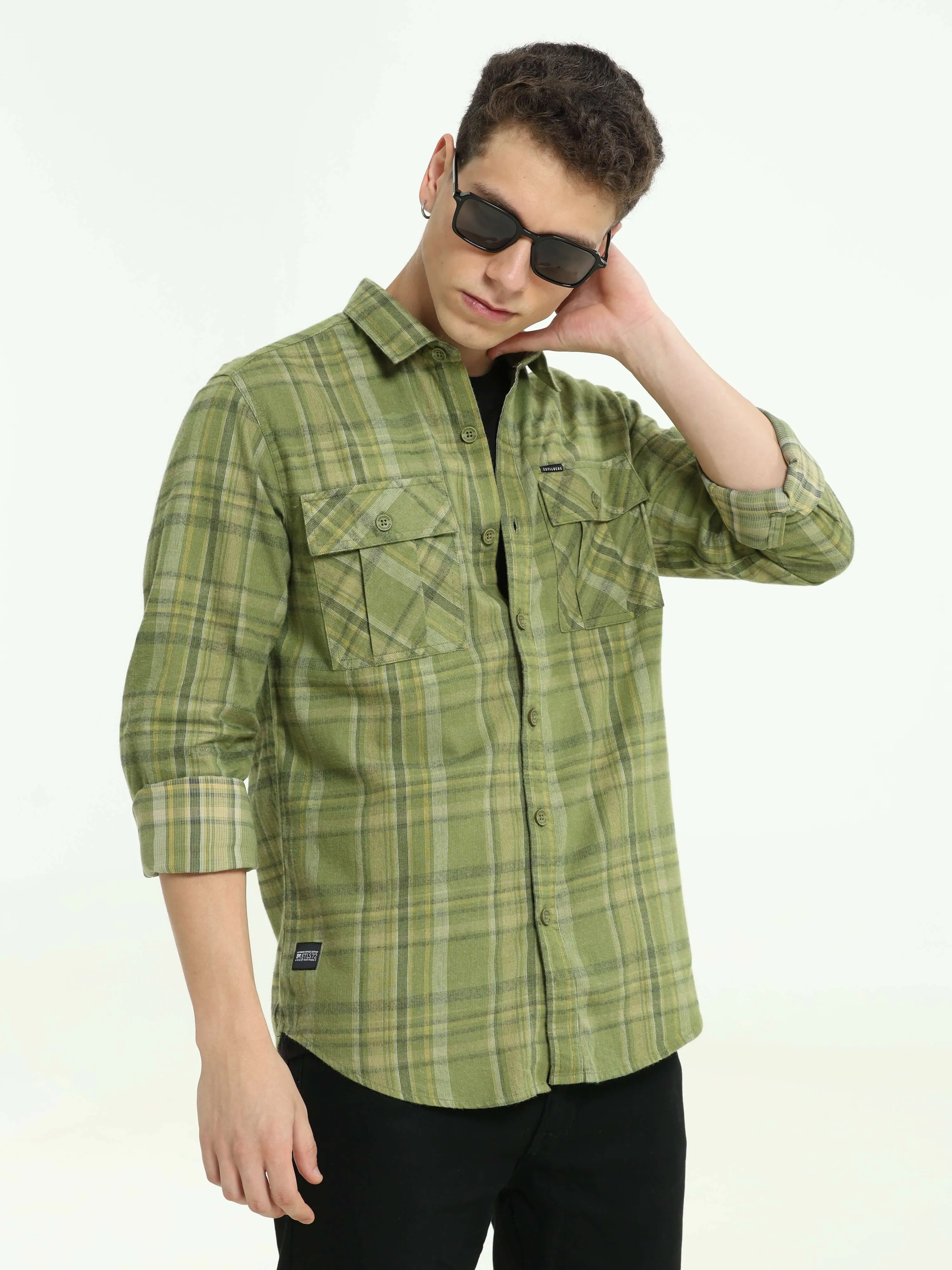 Olive Green Double Pocket Checks Shirt