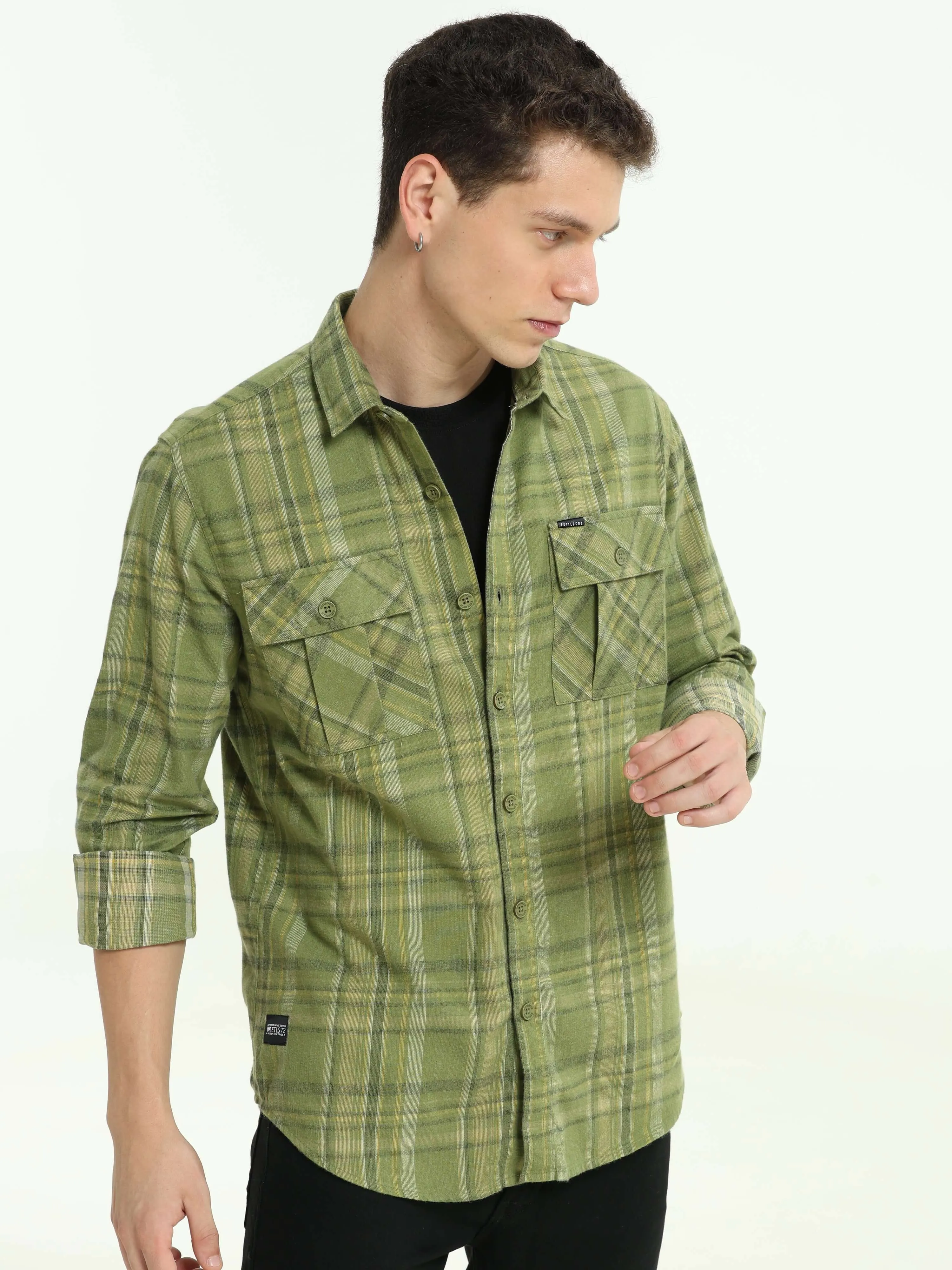 Olive Green Double Pocket Checks Shirt