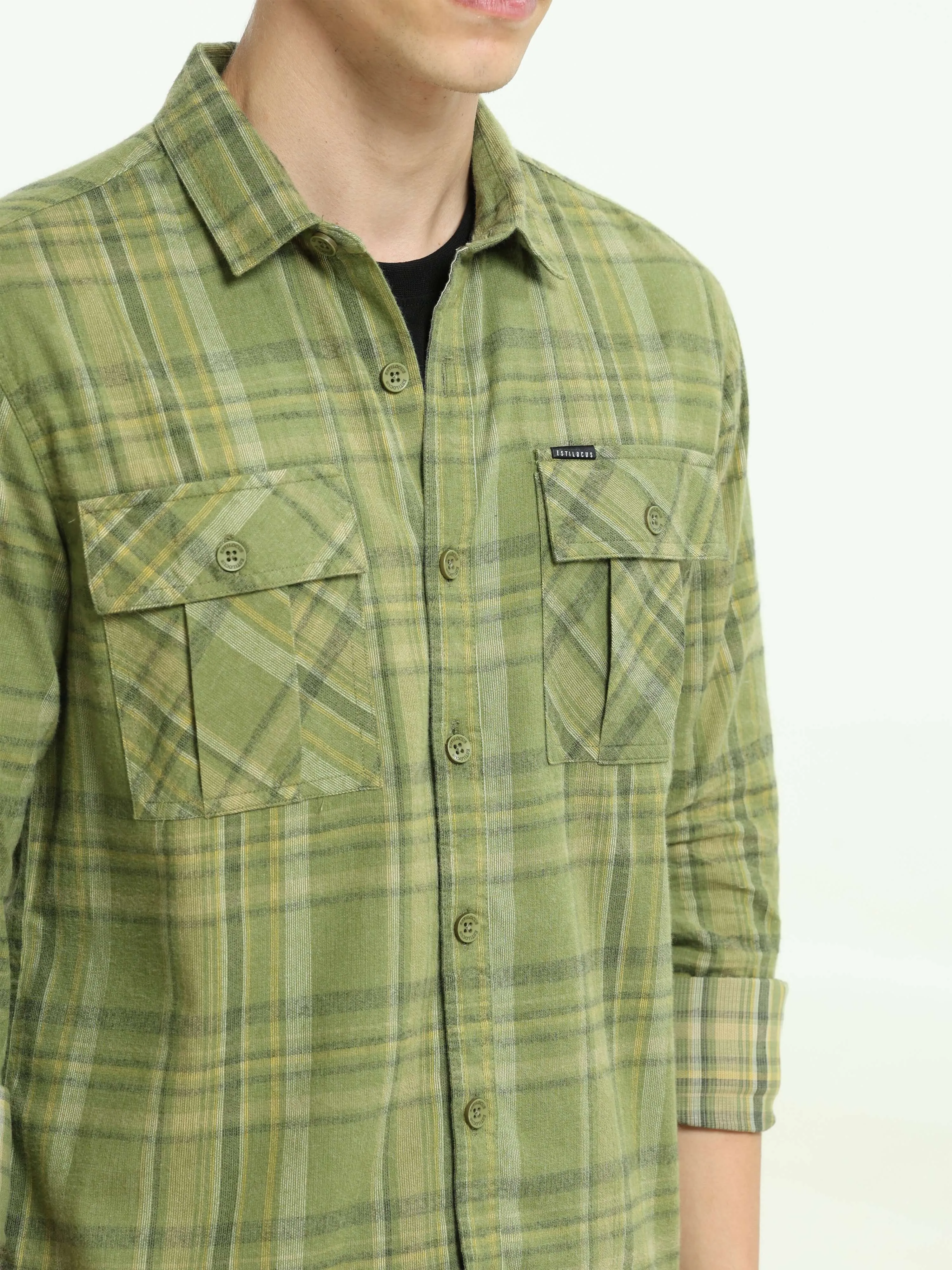 Olive Green Double Pocket Checks Shirt