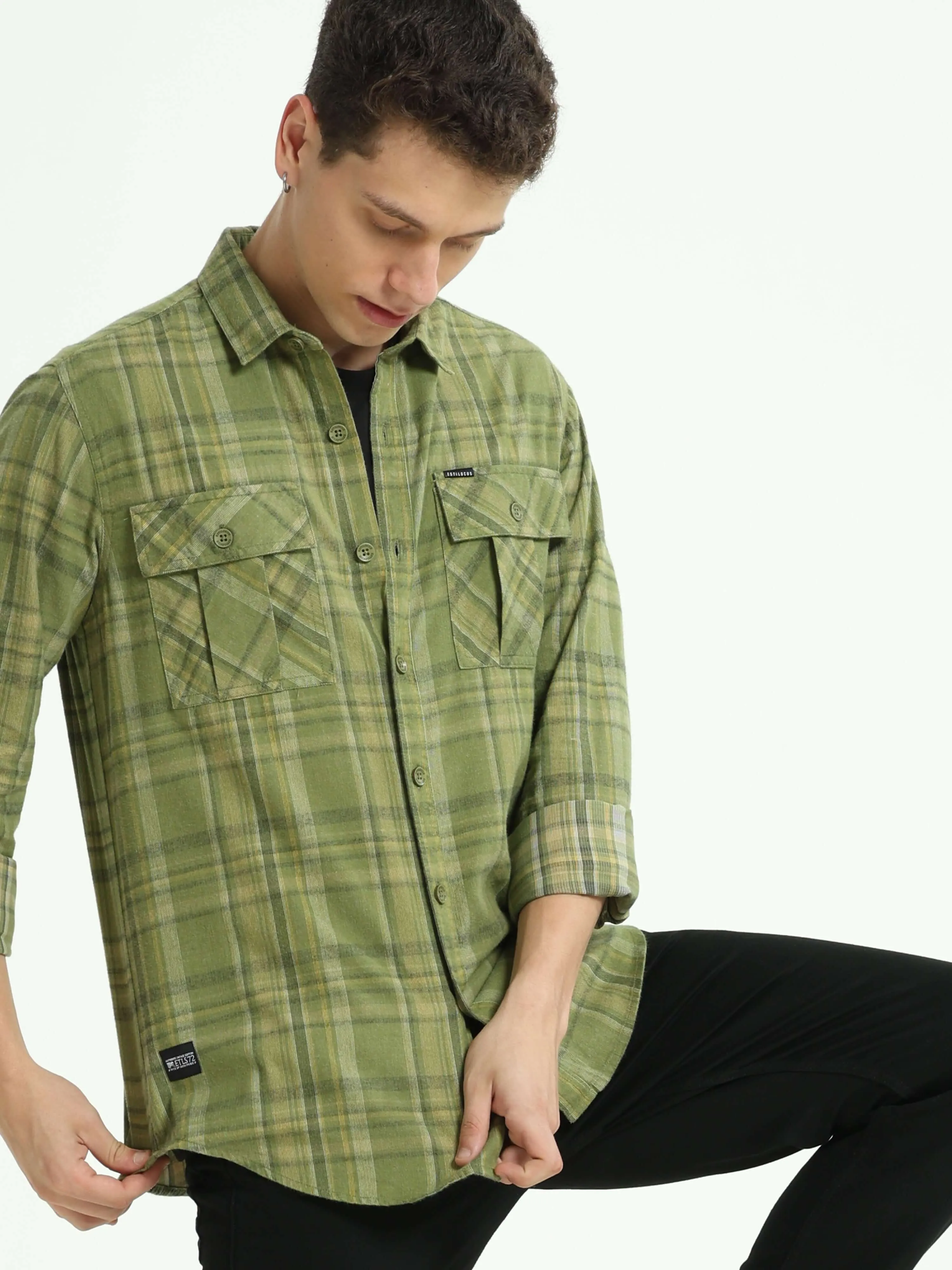 Olive Green Double Pocket Checks Shirt