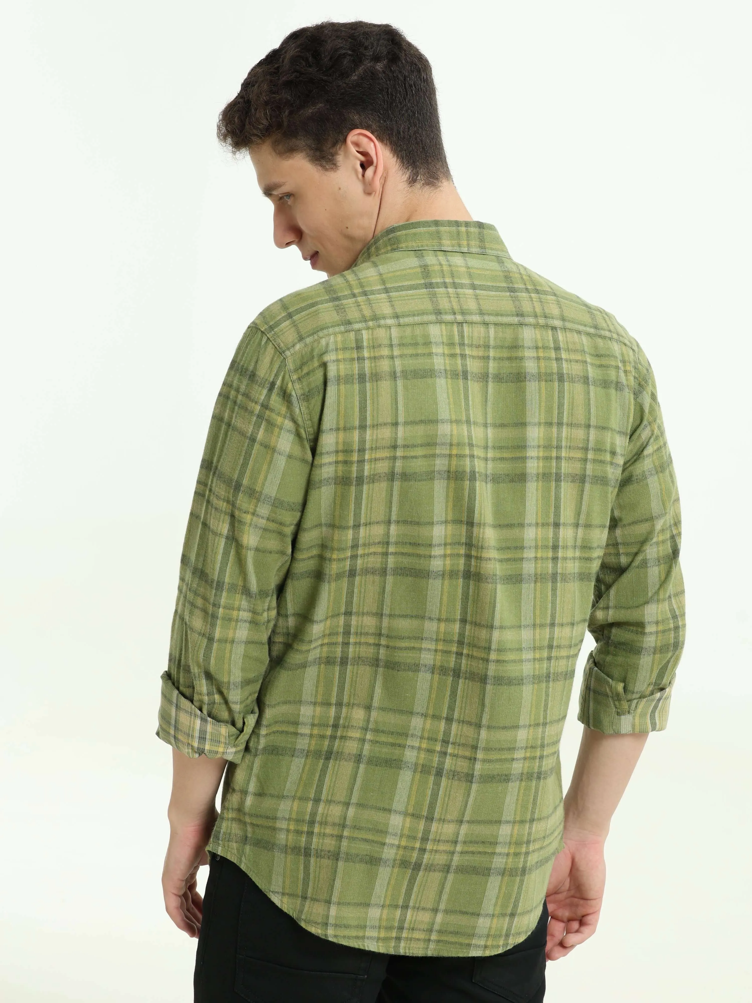 Olive Green Double Pocket Checks Shirt