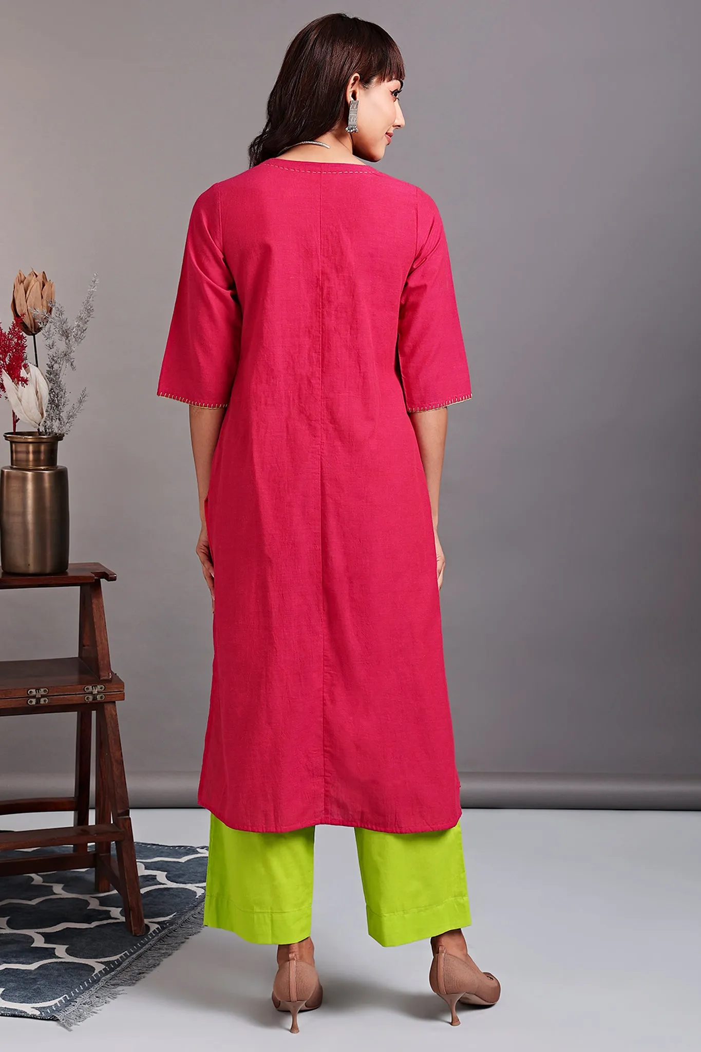 pintuck kurta with slit - vivacious pink & cymbidium orchid