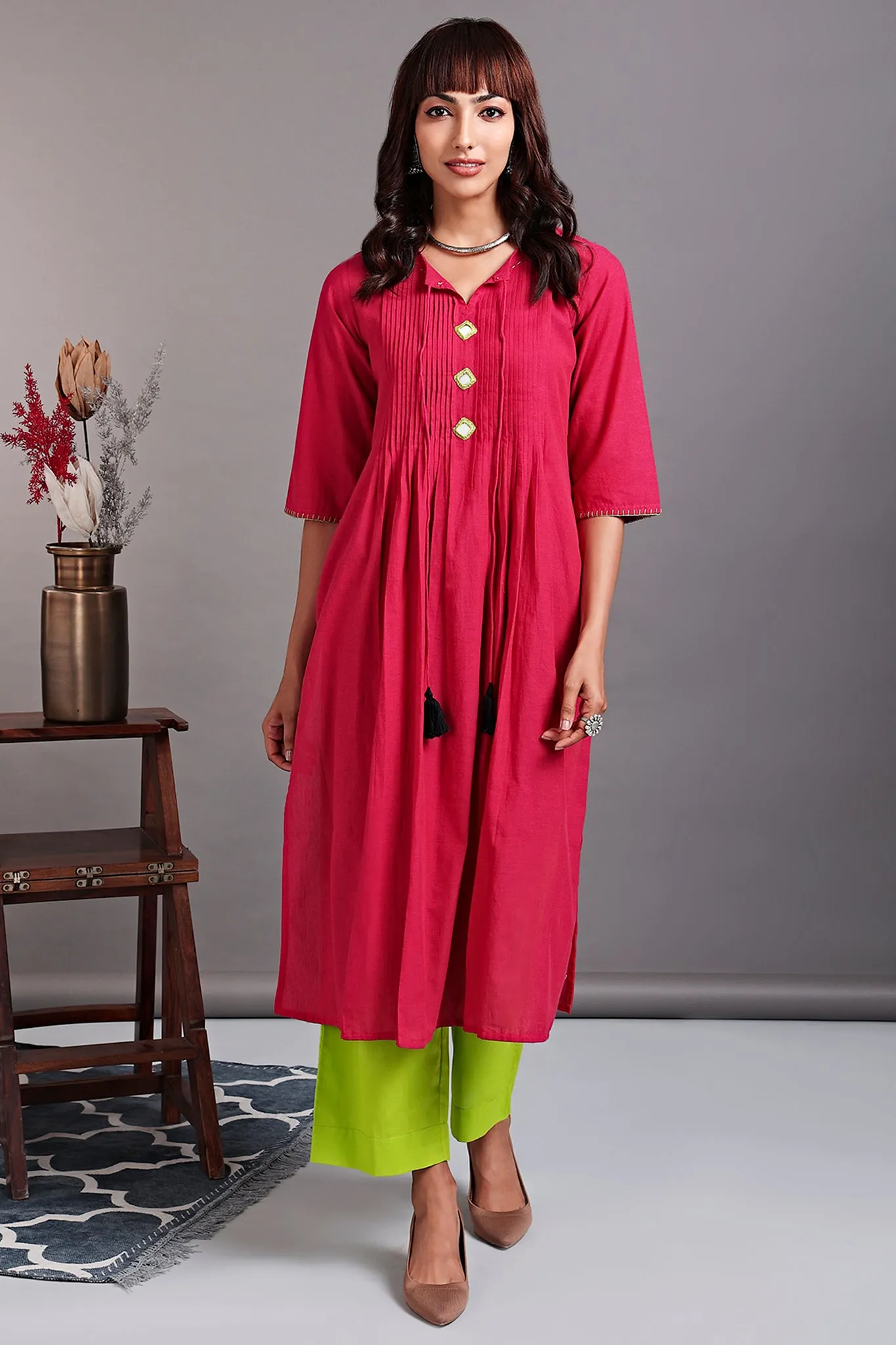 pintuck kurta with slit - vivacious pink & cymbidium orchid