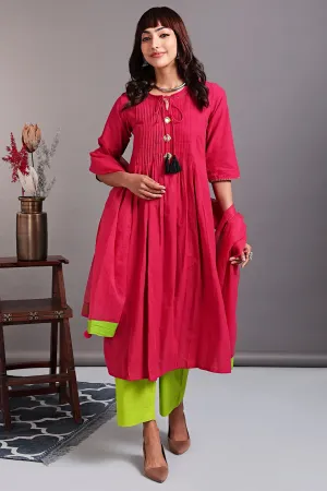 pintuck kurta with slit - vivacious pink & cymbidium orchid