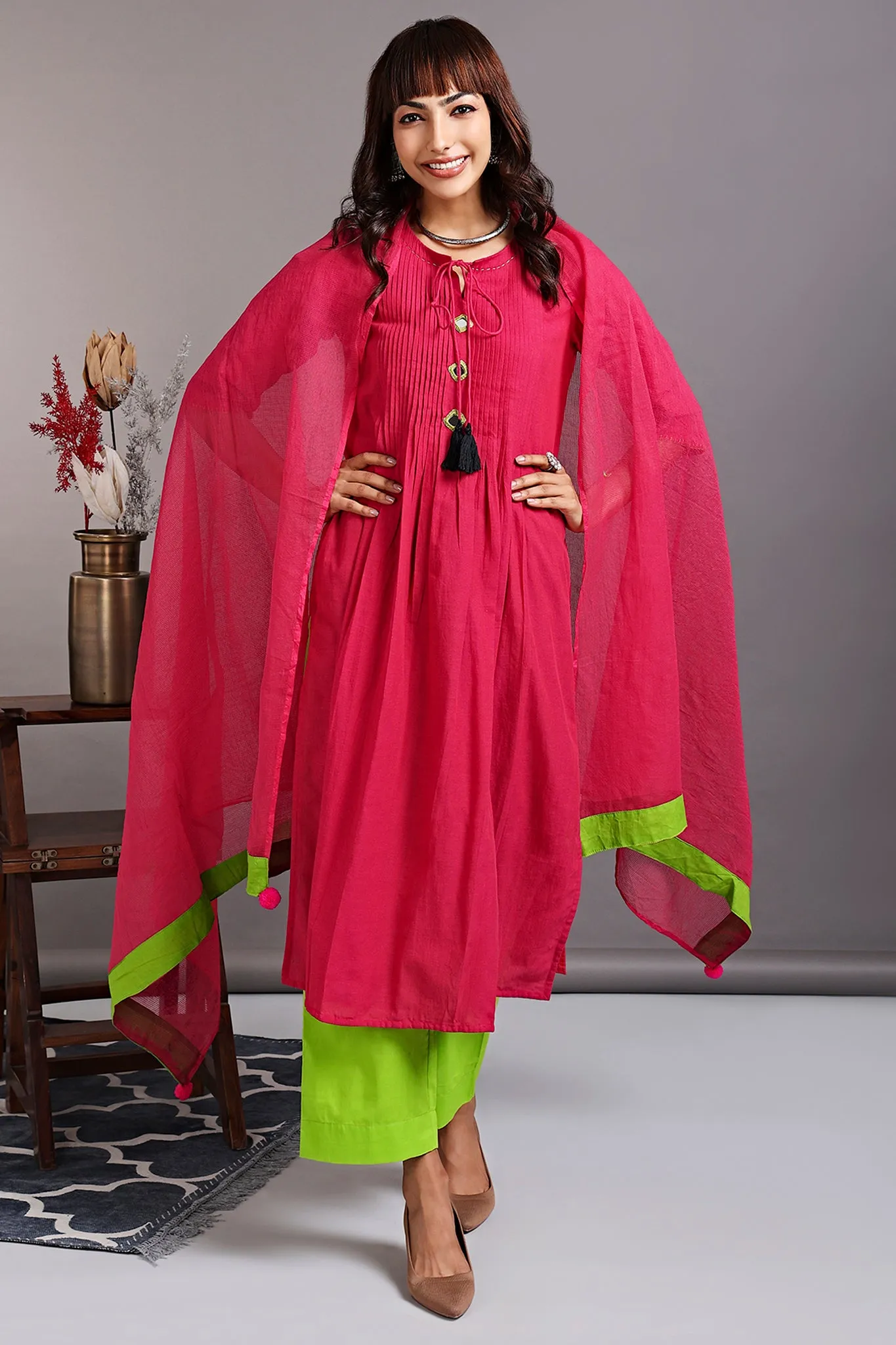 pintuck kurta with slit - vivacious pink & cymbidium orchid