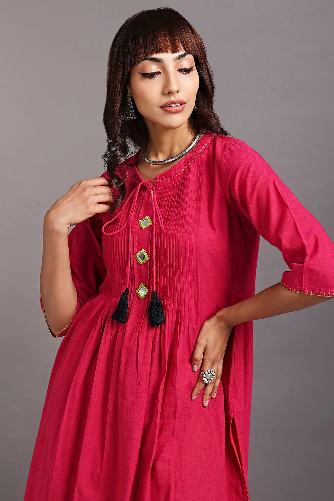 pintuck kurta with slit - vivacious pink & cymbidium orchid