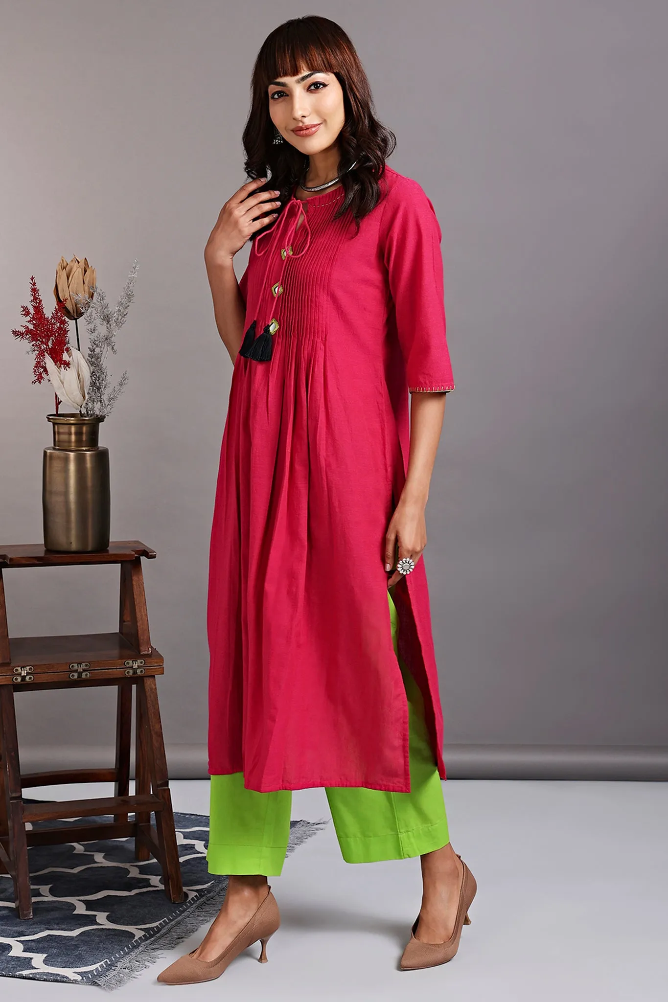 pintuck kurta with slit - vivacious pink & cymbidium orchid