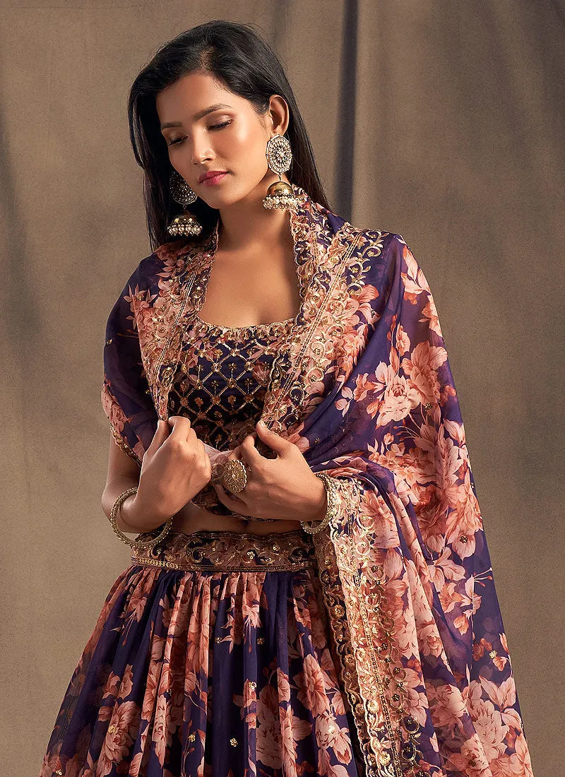 Purple Golden Floral Printed Lehenga Choli