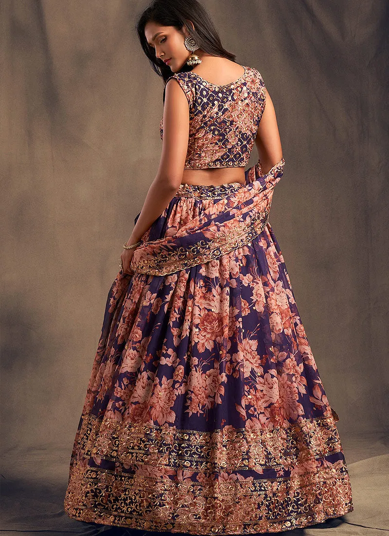Purple Golden Floral Printed Lehenga Choli