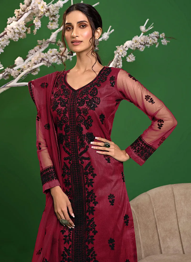 Rani Pink And Black Sequence Embroidered Pakistani Pant Suit