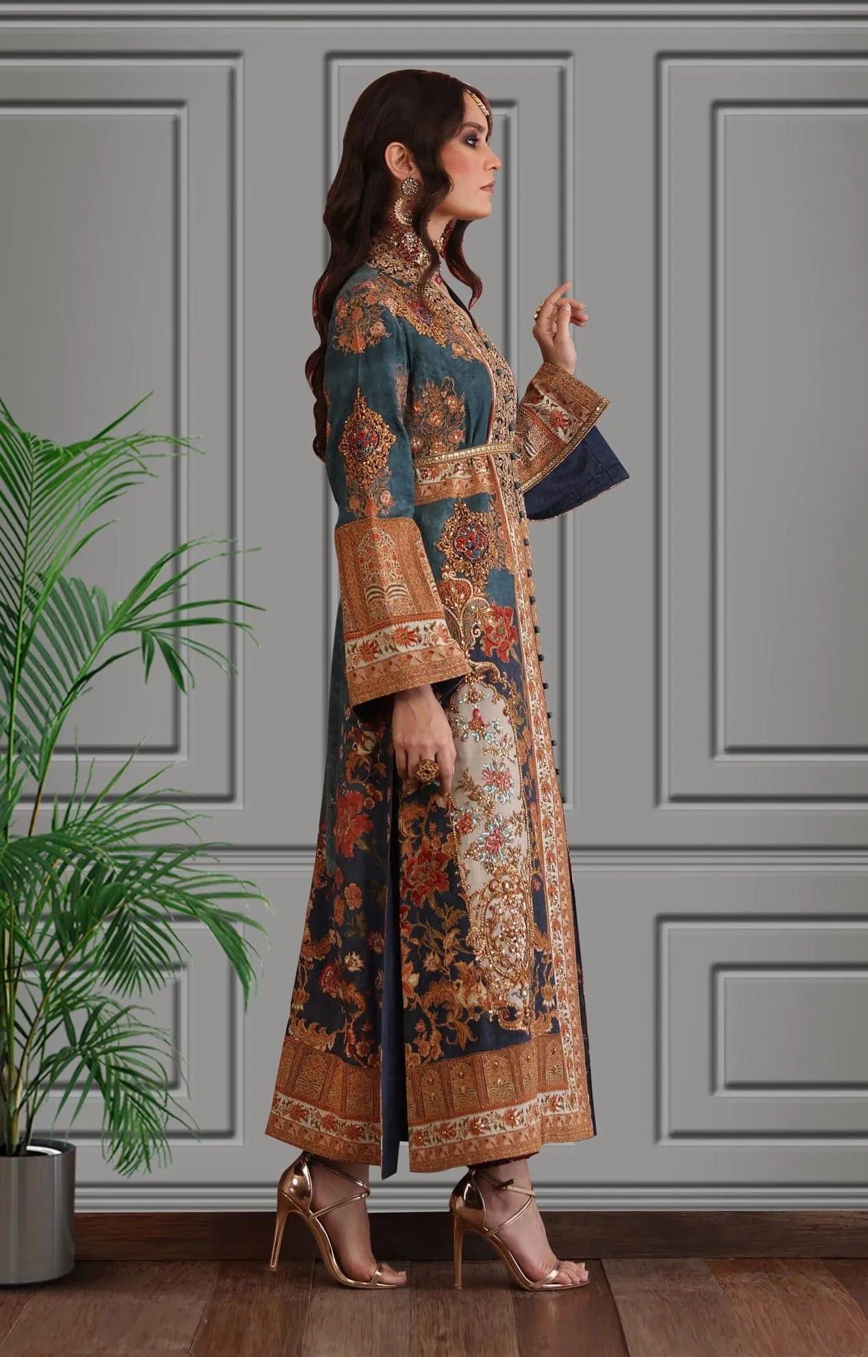 Shamaeel - Silk Printed Long Shirt with Banarasi Pants