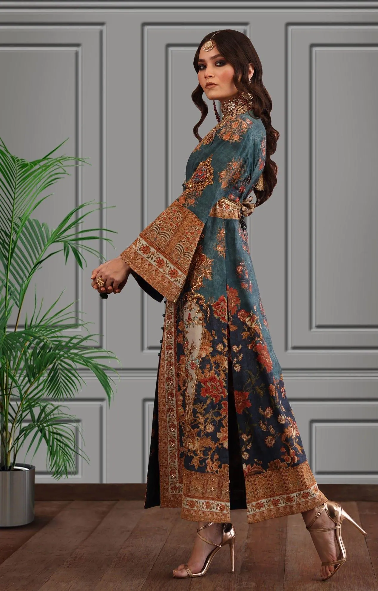 Shamaeel - Silk Printed Long Shirt with Banarasi Pants