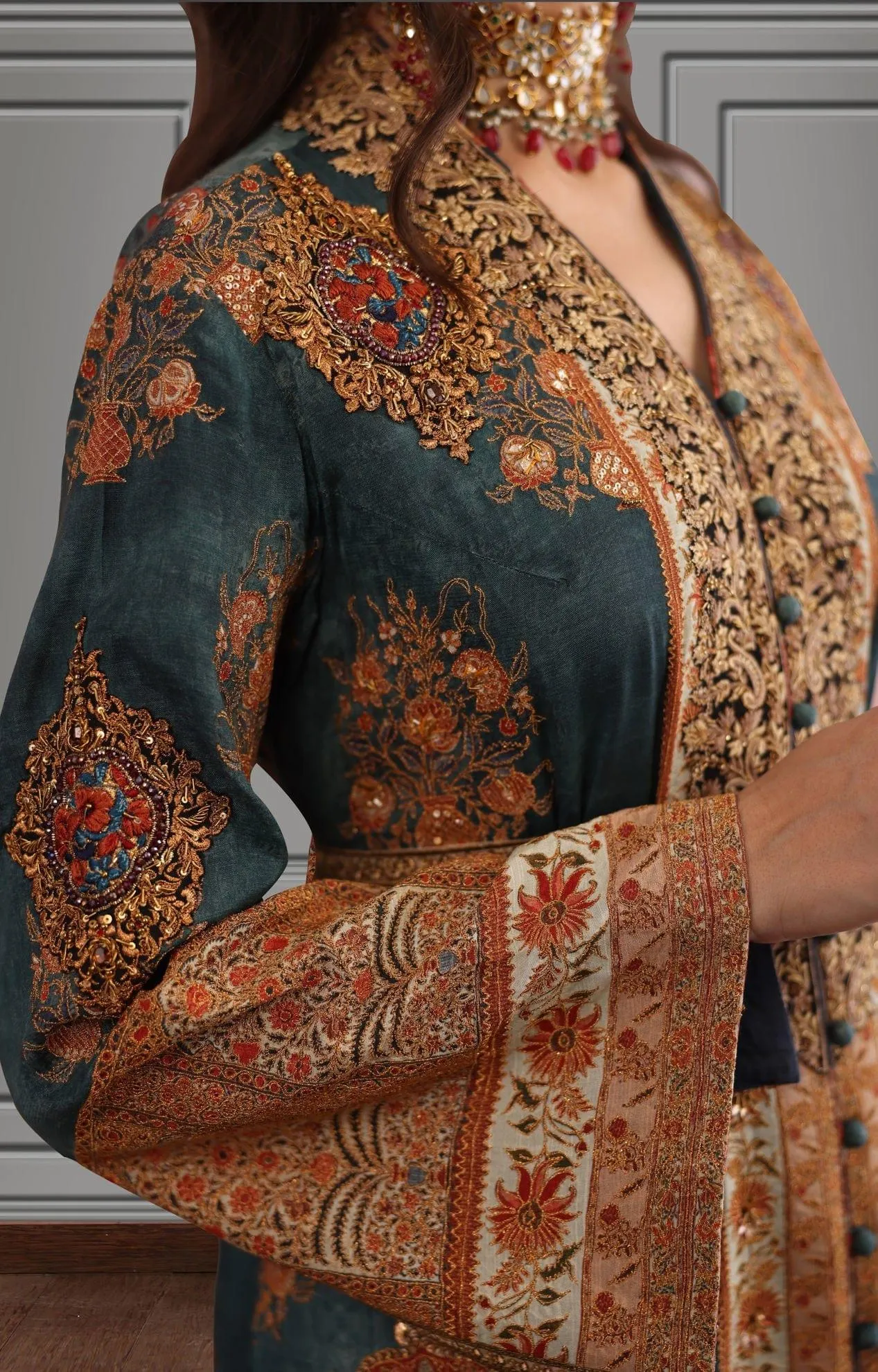 Shamaeel - Silk Printed Long Shirt with Banarasi Pants