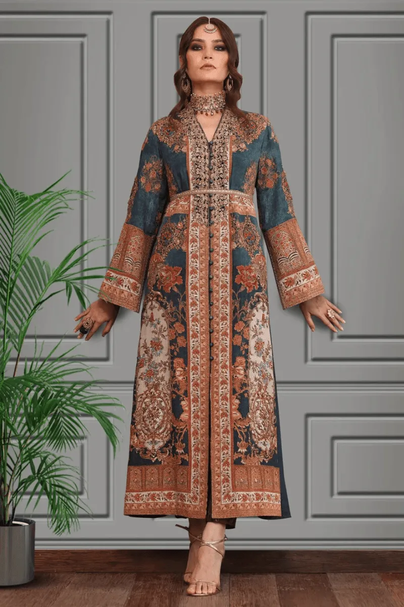 Shamaeel - Silk Printed Long Shirt with Banarasi Pants
