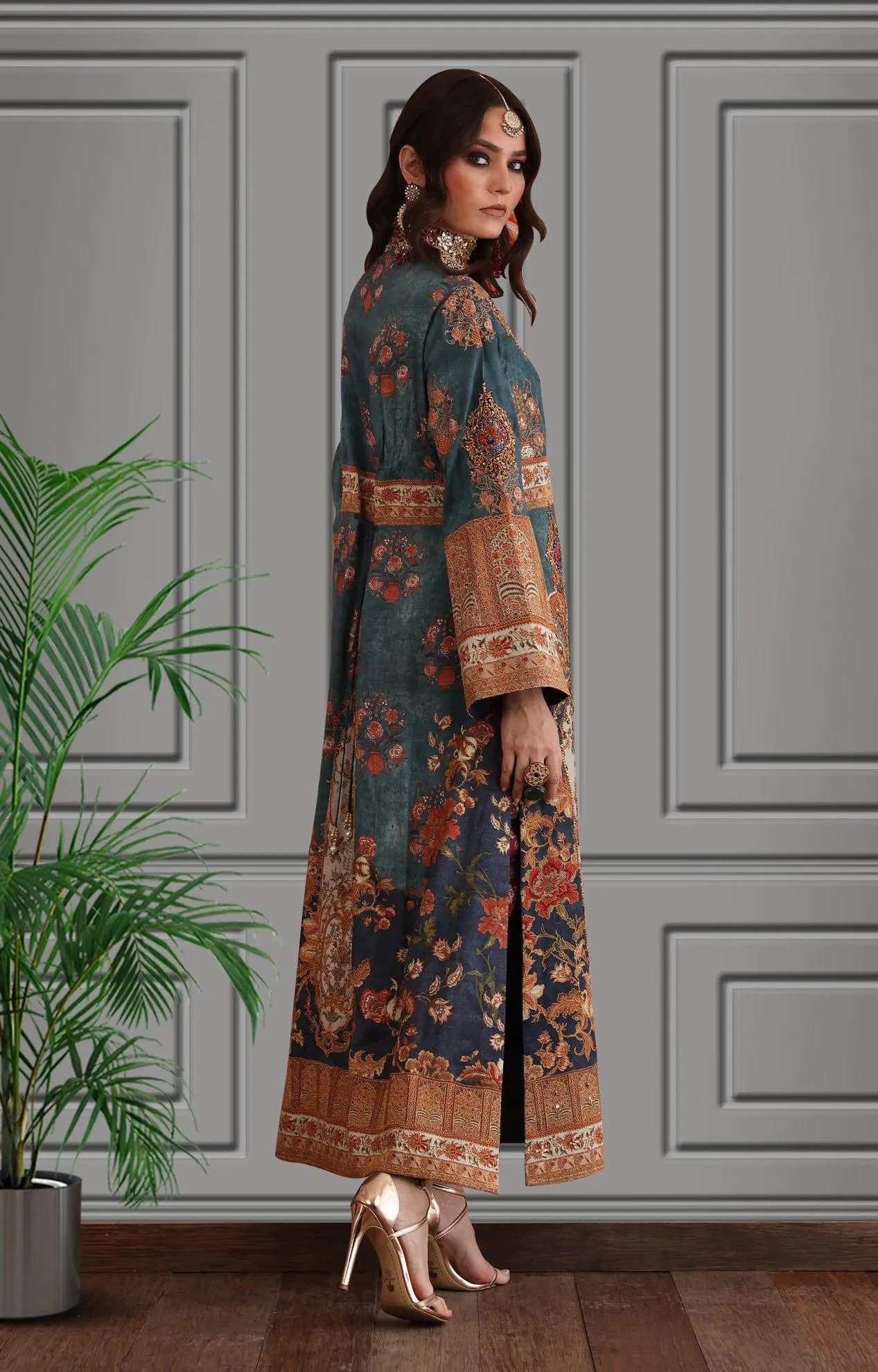 Shamaeel - Silk Printed Long Shirt with Banarasi Pants