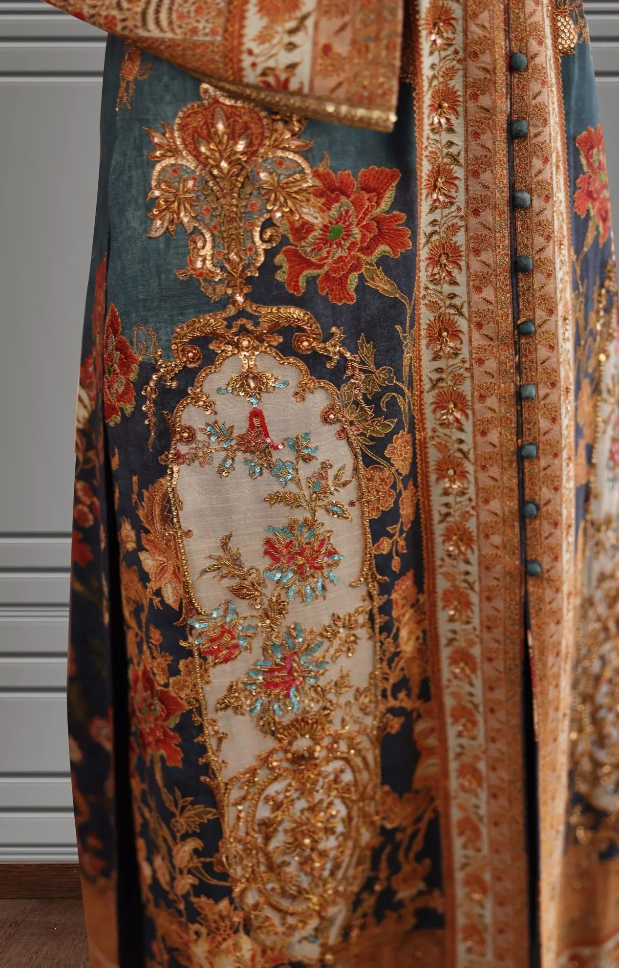 Shamaeel - Silk Printed Long Shirt with Banarasi Pants