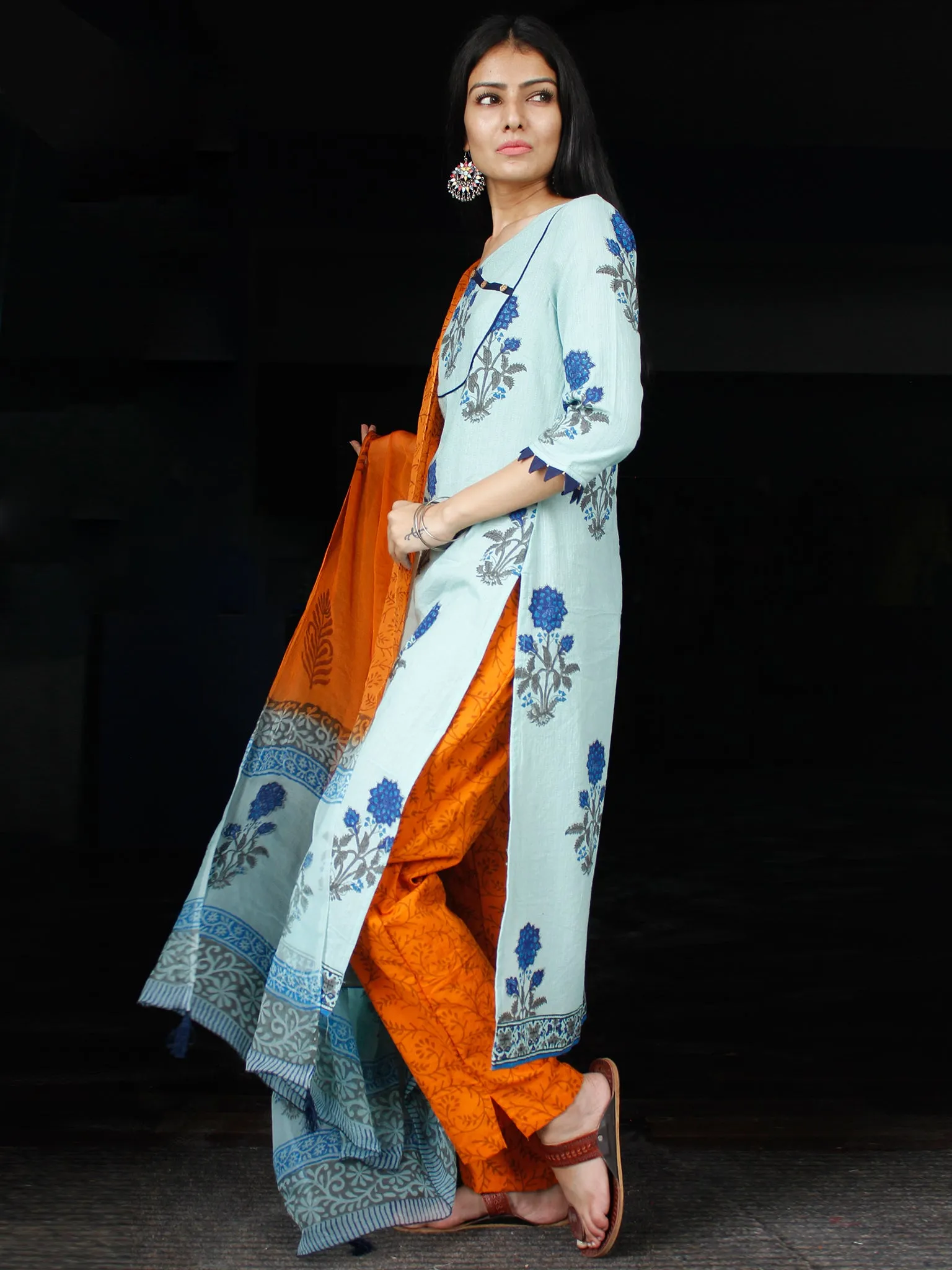 Sky Blue Coral Cotton Block Printed Suit With Kantha Work - Set of 3 - SS01F014