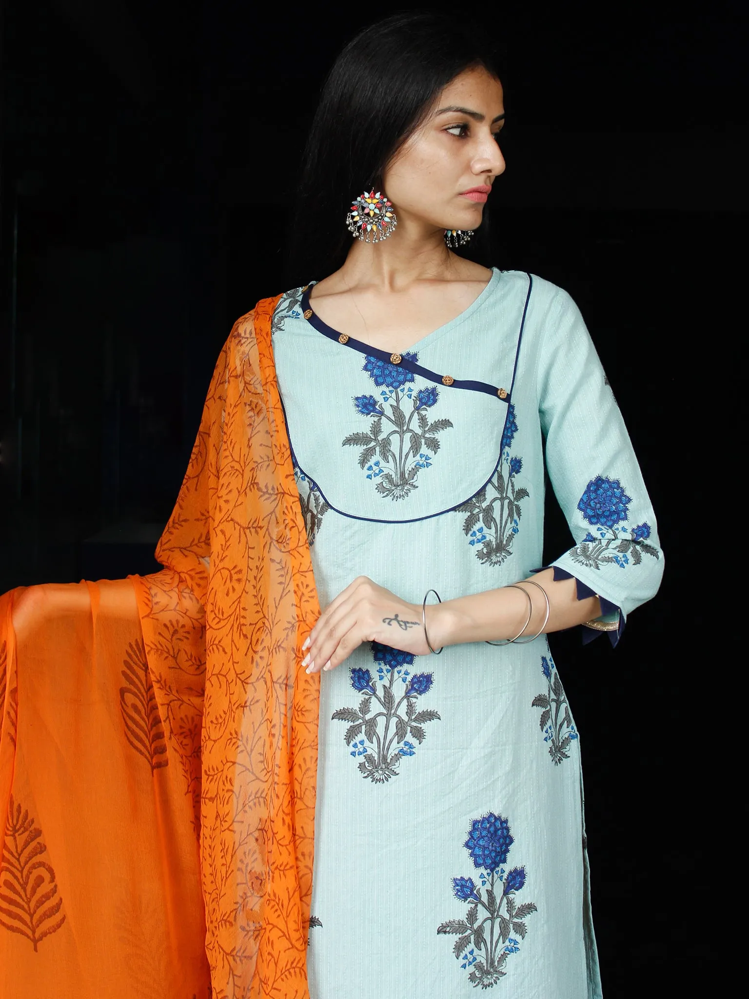 Sky Blue Coral Cotton Block Printed Suit With Kantha Work - Set of 3 - SS01F014