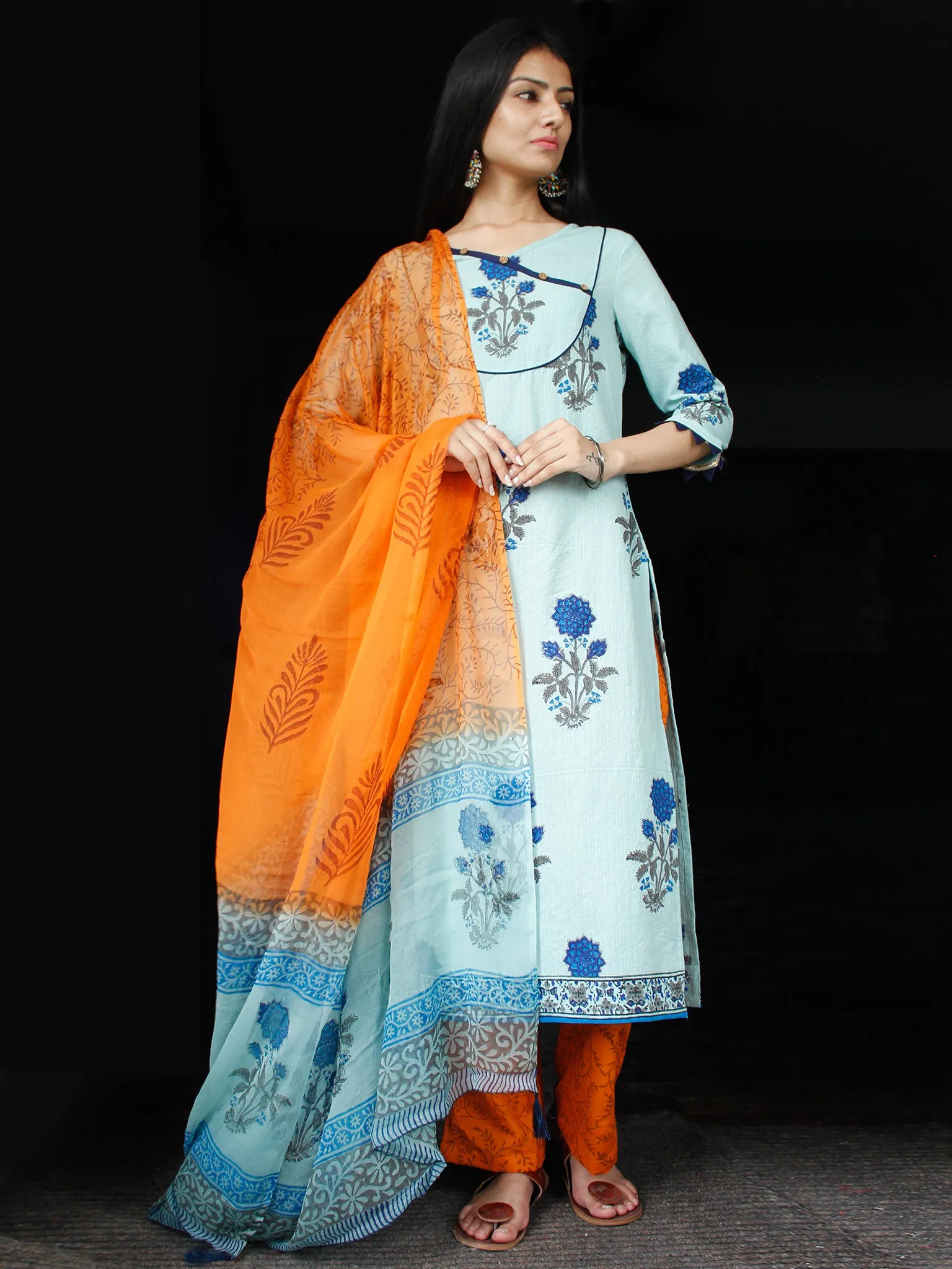 Sky Blue Coral Cotton Block Printed Suit With Kantha Work - Set of 3 - SS01F014