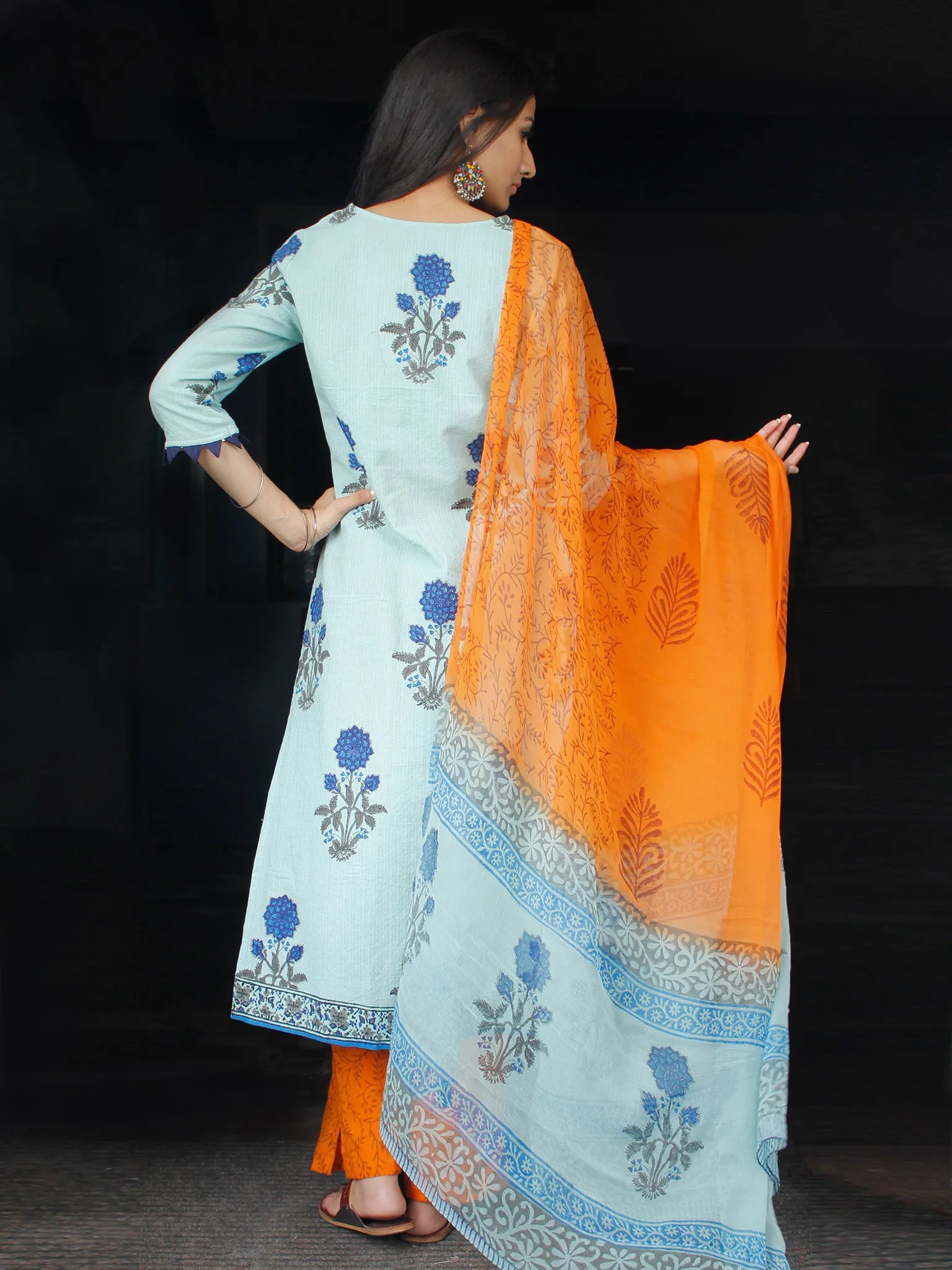 Sky Blue Coral Cotton Block Printed Suit With Kantha Work - Set of 3 - SS01F014