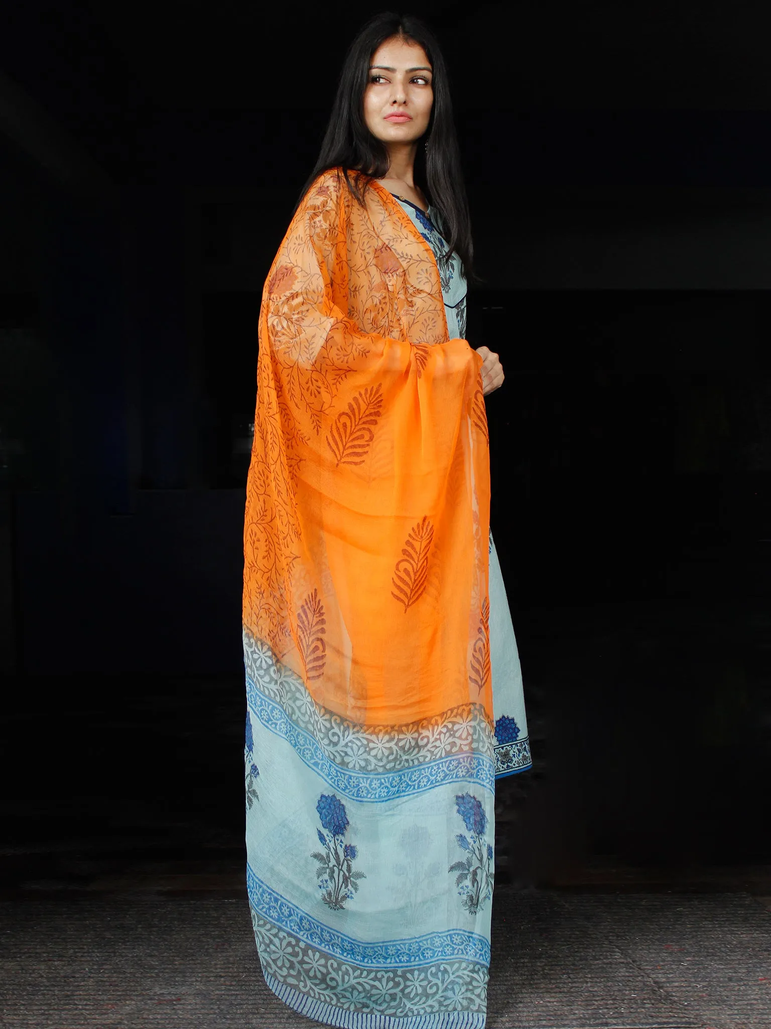 Sky Blue Coral Cotton Block Printed Suit With Kantha Work - Set of 3 - SS01F014