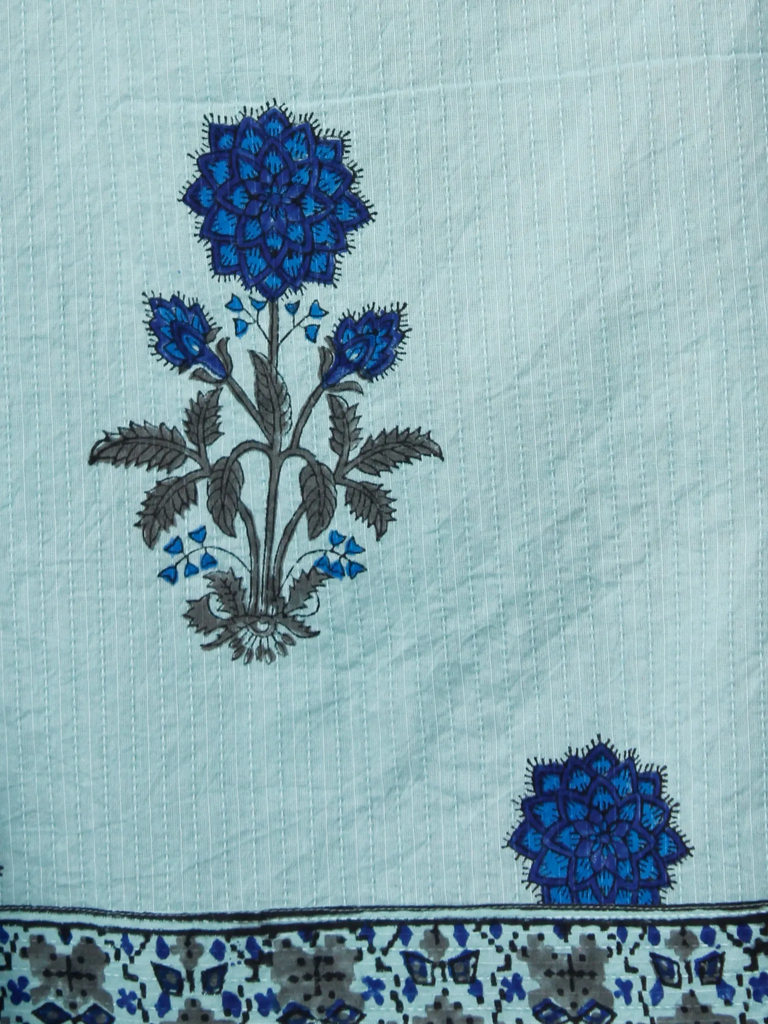 Sky Blue Coral Cotton Block Printed Suit With Kantha Work - Set of 3 - SS01F014