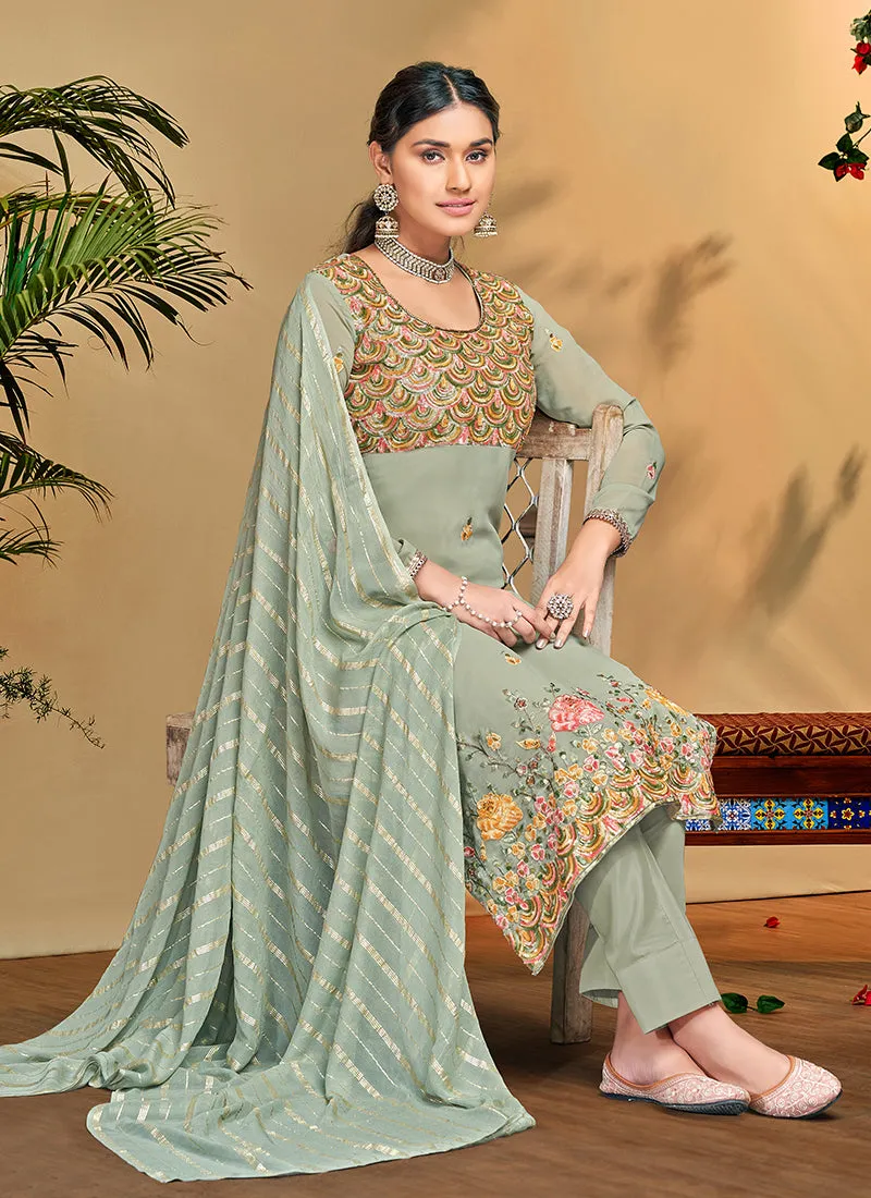 Teal Blue Multi Floral Embroidery Pant Style Suit
