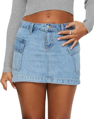 UAURORAO Women Denim Cargo Skirt Y2k Low Waist Stretch Mini Jean Skirt Vintage Bodycon Pencil Short Skirt with Pockets